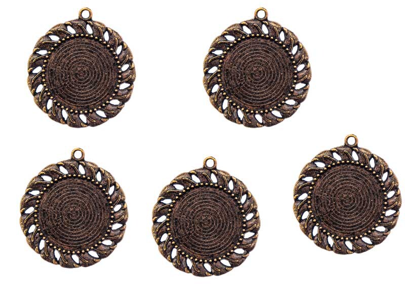 Büyük Yuvarlak Antik Bakır Epoksi Kolye Ucu 5 Adet - 1